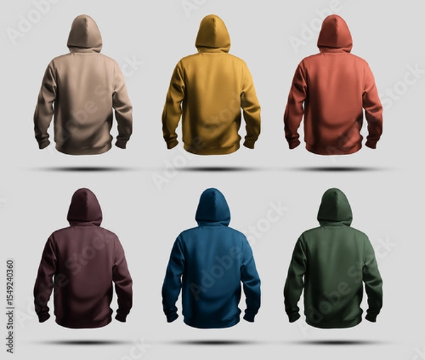 Fototapeta Mockup of colorful men's hoodies oversize 3D rendering, with a hood on, back view, for design, print, pattern, branding., set