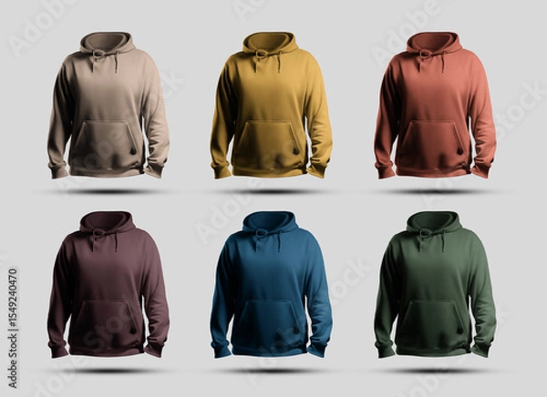 Fototapeta Mockup of colored men's hoodies oversized 3D rendering, front view, isolated on background., set