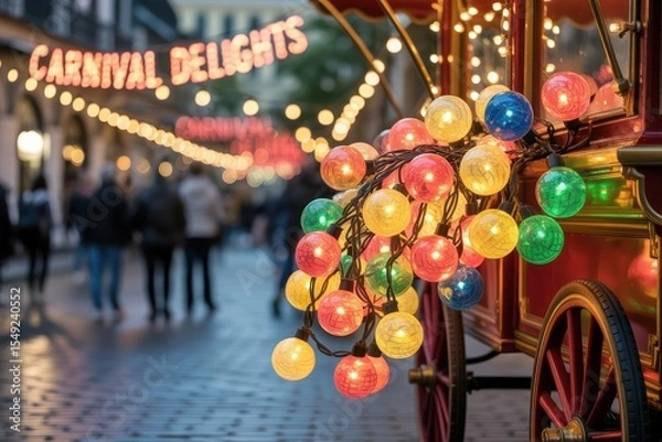 Fototapeta A photograph of an elaborate arrangement of colorful carnival lights spilling out from a vintage wooden cart