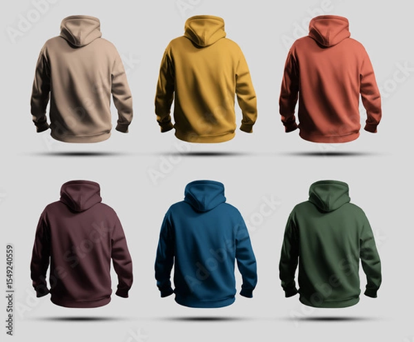 Fototapeta Template of bright oversized hoodies 3D rendering, men's clothing, back view, for design, print, pattern, branding, set
