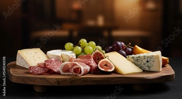 Fototapeta Indulge in a Rustic Gourmet Cheese and Charcuterie Board, Perfect for a Romantic Evening or Festive Gathering.