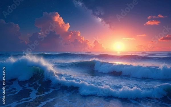 Obraz based on the theme of "bending sea and sky Vibrant ocean waves at sunset under starry sky. High quality