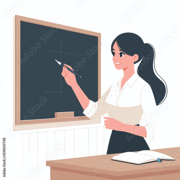 Fototapeta image of a female teacher writing on a blackboard with a simple and minimalist flat design using a white background