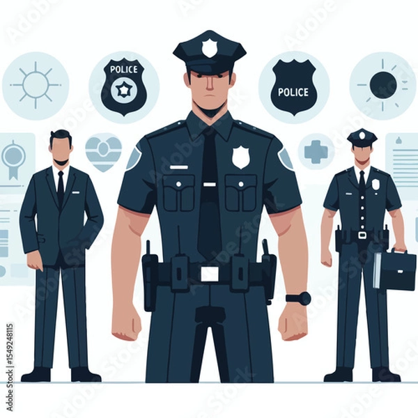 Fototapeta image of a police officer standing upright wearing a uniform and badge with a simple and minimalist flat design using a white background