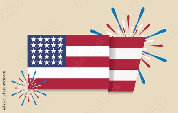 Obraz USA Flag with Fireworks - Flat Vector Illustration for Independence Day. Perfect for Fourth of July and patriotic holiday designs. Editable file