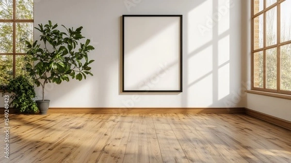 Fototapeta A bright and airy gallery space featuring large windows, highlighting the minimalist design, with a blank canvas awaiting artistic expression in a serene atmosphere.