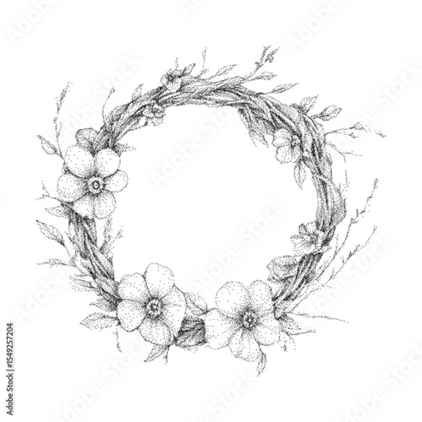 Fototapeta Delicate retro floral frame with blooming motifs, graceful handcrafted outlines. Texture, crosshatched shading, soft stipple details, botanical vintage style.