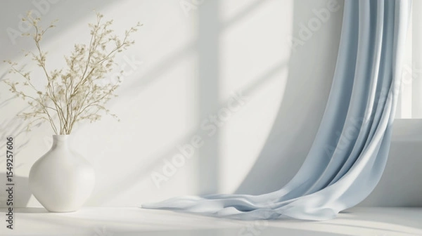 Fototapeta white wall with soft light and shadows. There is an empty space on the right side for product display or presentation background mockup design.
