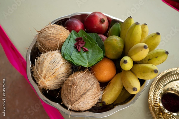 Obraz Traditional Tropical Fruit Offering with Coconuts and Betel Leaves
