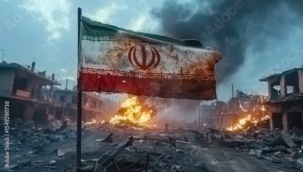 Obraz An Iranian flag flutters in the wind against a dramatic sunset sky. In the background is a devastated cityscape, an apocalyptic atmosphere