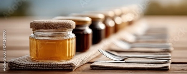 Fototapeta Small jars of various honey types lined up on a wooden table, next to neatly folded napkins and forks.