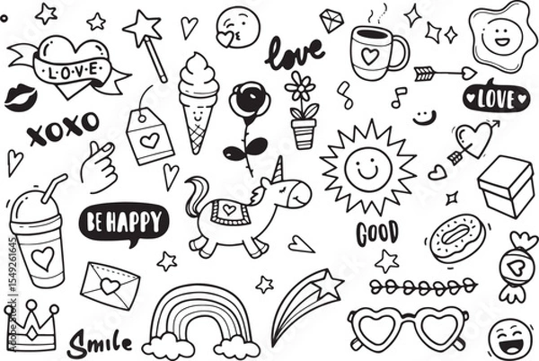 Obraz Celebration and Happiness Doodle Icons – Balloons, Party, Star, Happy Faces Vector Art