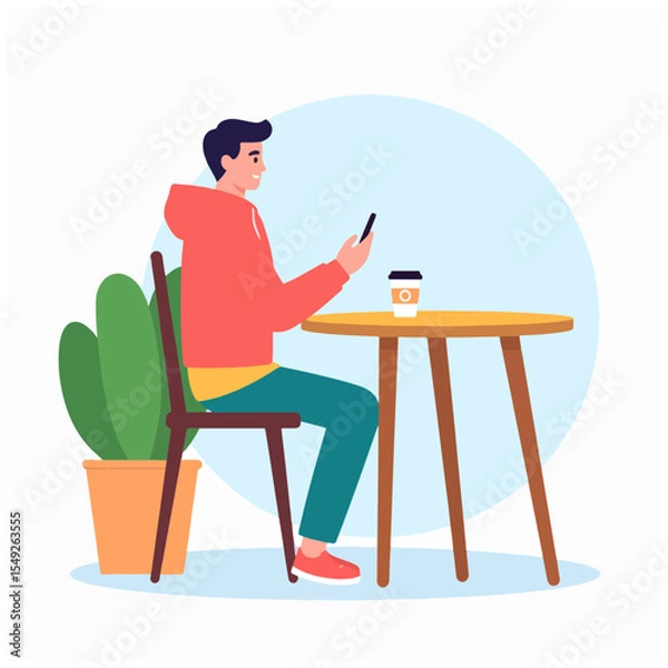 Fototapeta A seated man donning a red hoodie and holding a phone sits by a yellow table with a coffee cup next to a green potted plant