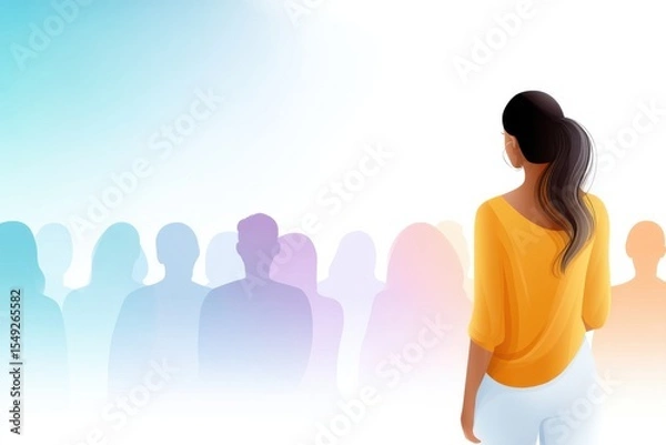 Obraz Fear of failure motivates confident young woman to present ideas to engaged audience on colorful stage