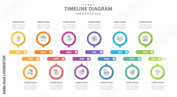 Fototapeta Infographic template for business. 12 Months modern Timeline diagram calendar, presentation vector infographic.
