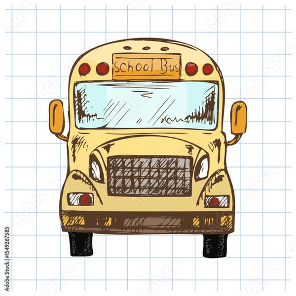 Fototapeta Hand drawn vintage sketch of yellow school bus in front view on grid notebook background