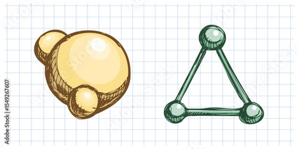 Fototapeta Hand drawn vintage sketch of molecular model and atom structure in color on grid notebook background