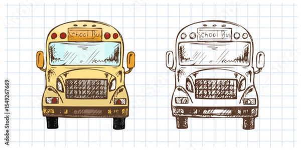 Fototapeta Hand drawn vintage sketch of yellow school bus with monochrome version on grid notebook background