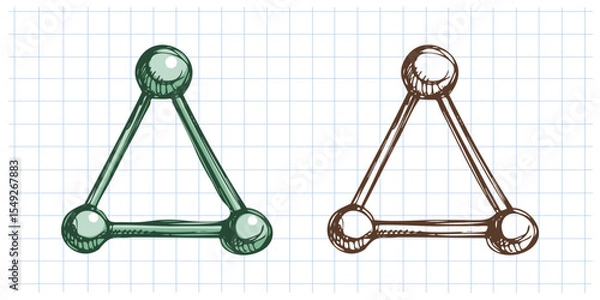 Fototapeta Hand drawn vintage sketch of triangle molecular model in green color and monochrome version on notebook background