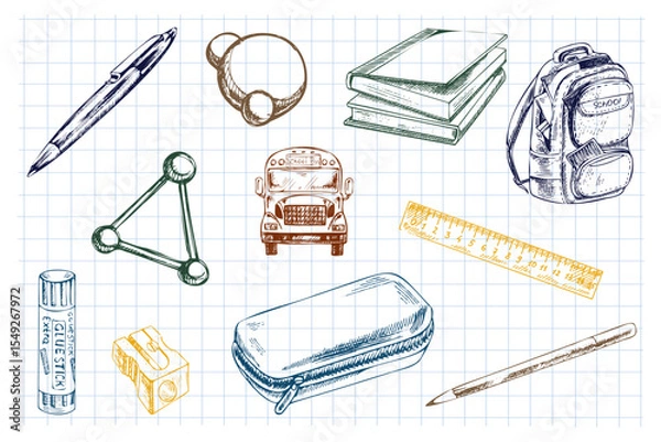 Fototapeta Hand drawn vintage sketch of monochrome school supplies and stationery on grid notebook background, vector illustration set