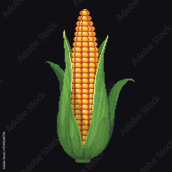 Fototapeta Vector pixel art illustration of a corn cob with green leaves. Stylized food object on dark background in retro 8-bit design.