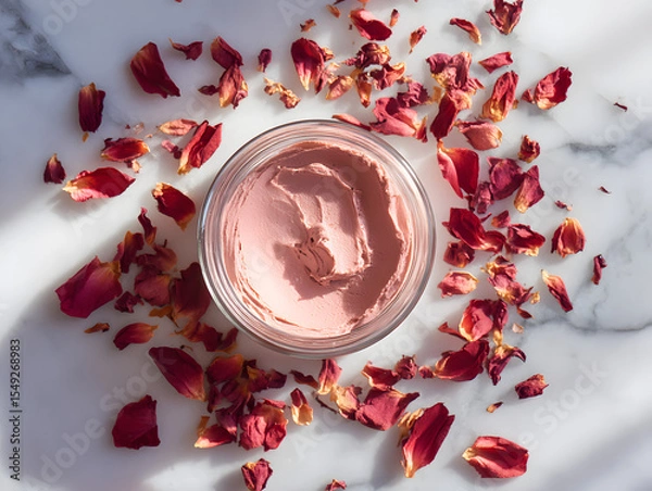 Fototapeta Creamy light red rose clay mask in an open clear glass jar.