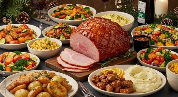 Fototapeta Indulge in a Festive Feast: A Delicious Christmas Ham Dinner with an Array of Seasonal Sides