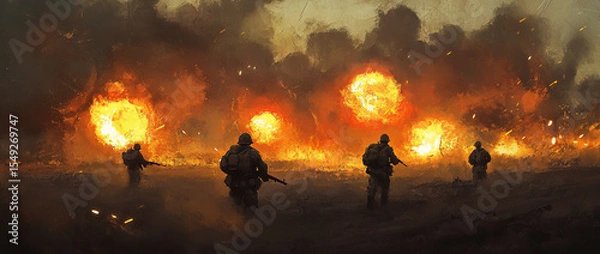 Obraz World War II, soldiers charging on the battlefield, explosions in the background.