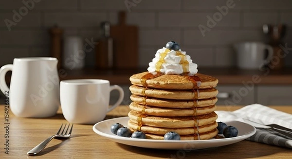 Fototapeta Golden Stack of Buttery Pancakes Topped with Whipped Cream, Drizzled with Honey, and Fresh Blueberries Beckons a Delightful Morning.