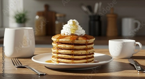 Fototapeta Golden Syrup Drizzles Delightfully Down a Stack of Fluffy Pancakes Topped with Creamy Whipped Cream, a Perfect Sunny Morning Breakfast.