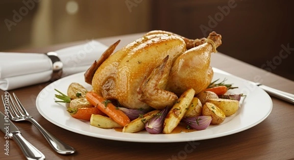 Obraz Golden-brown roasted chicken, glistening with savory juices, sits majestically on a pristine white plate, surrounded by perfectly roasted root vegetables, a culinary masterpiece ready to be savored.