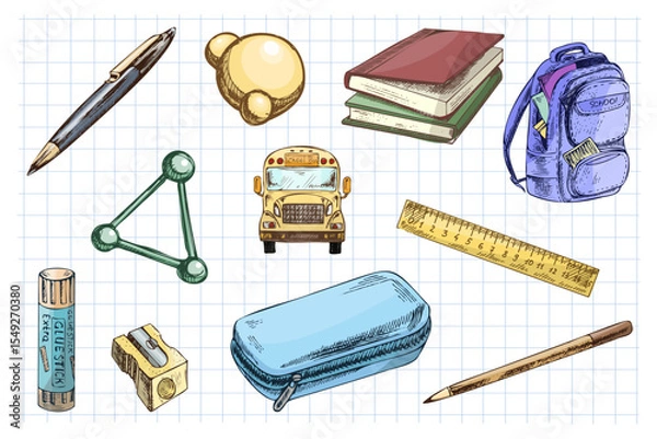Fototapeta Hand drawn vintage sketch of colorful school supplies and stationery on grid notebook background, vector illustration set