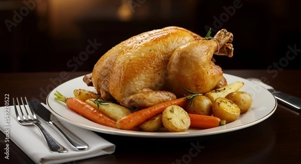 Obraz Golden-brown Roast Chicken with Roasted Root Vegetables, a picture-perfect Sunday dinner centerpiece.