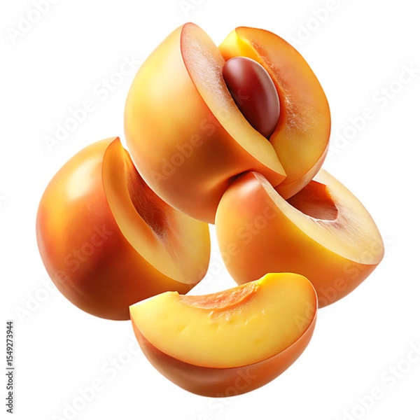 Fototapeta Sliced Peaches Floating on a Black Background with a Single Seed Visible