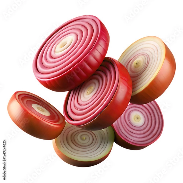 Fototapeta Floating Slices of Red and Yellow Onions Against a Black Background