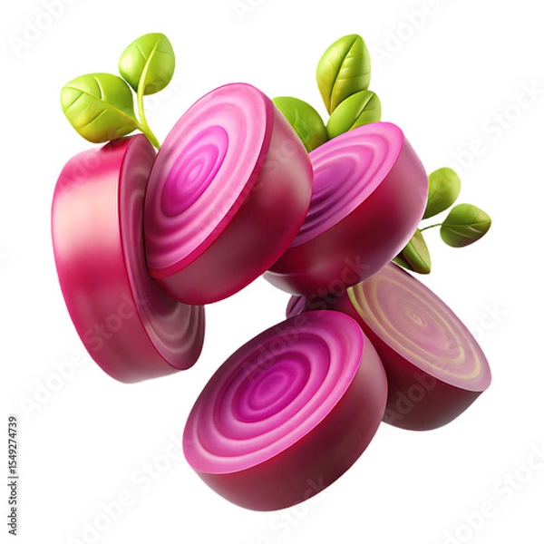 Fototapeta Artistic Rendering of Sliced Beets with Green Leaves on a Black Background
