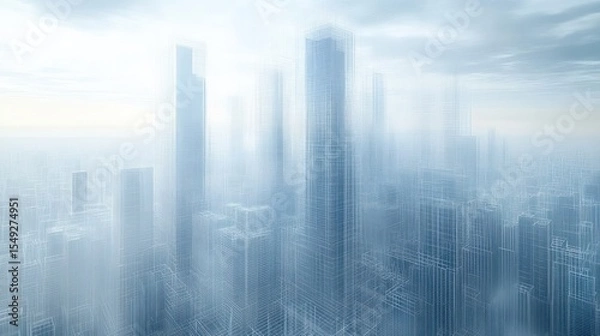 Obraz Ethereal cityscapes a misty perspective with wireframe architecture
