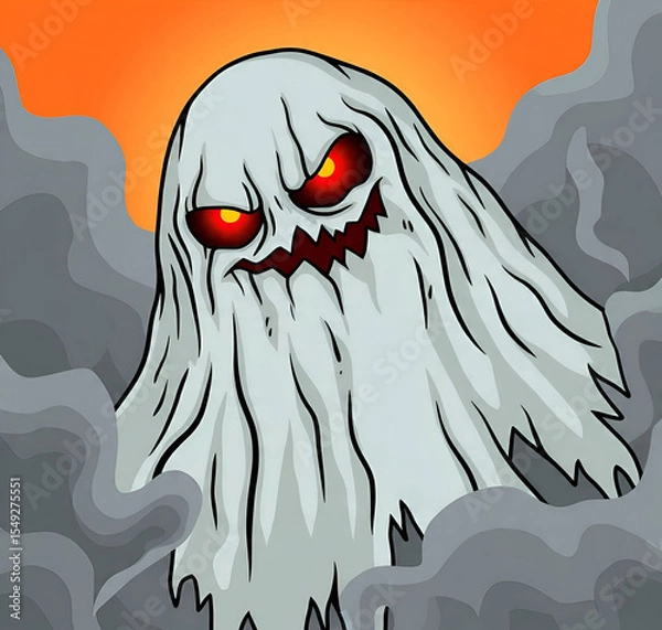 Obraz A white ghost with a horror face is shown isolated on an orange background, creating a spooky and eerie Halloween-themed visual.
