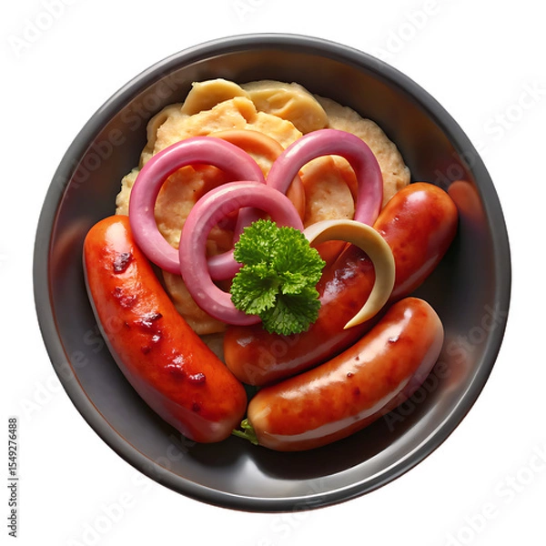 Fototapeta Sausages with Mashed Potatoes and Red Onion Rings on a Plate