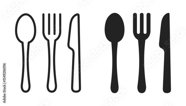 Fototapeta Fork, spoon and knife icon. Vector line and silhouette