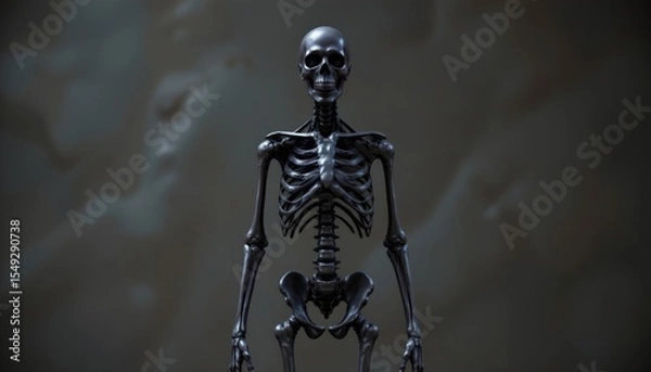 Fototapeta stock photo, 3d render of a human skeleton made of polished, dark metal, on a moody background, anatomical art, sharp focus, with absolutely no text, no logos, no letters, no words, not blurry.