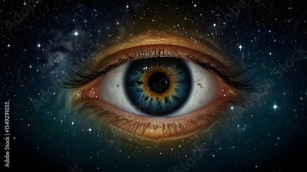 Fototapeta there is a close up of a human eye with a star in the background