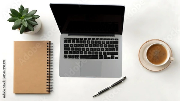 Fototapeta Minimalist flat lay of laptop, notebook, coffee cup, and plant, ideal for work from home setups, productivity blogs, tech ads, and business or creative workspace visuals