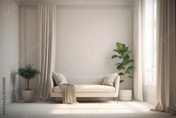 Fototapeta Minimalist white wall with sofa, window curtain, and potted plant against light beige background – ultra-high-definition interior design with 'poetic' text overlay