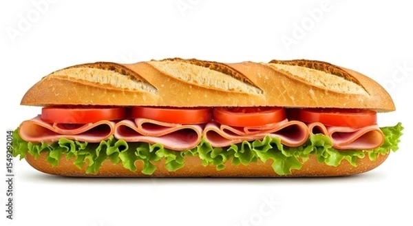 Fototapeta Baguette sandwich with ham isolated on white