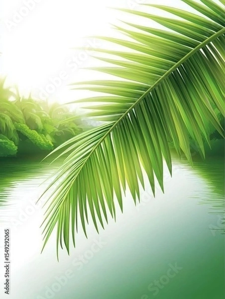 Fototapeta Lush Green Palm Leaf Over Serene Water with Soft Light Reflection