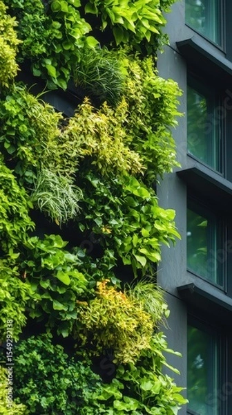 Fototapeta Lush Vertical Garden Installation on Urban Building Wall with Greenery