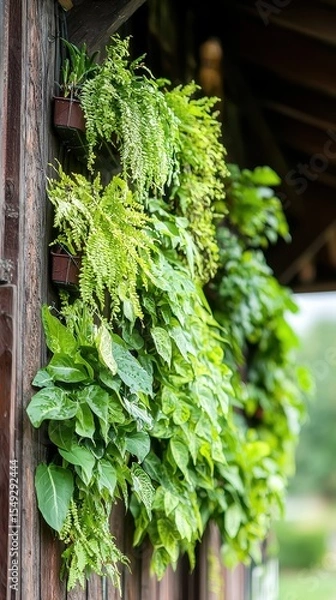 Fototapeta Lush Greenery Wall with Various Plants and Vibrant Foliage Display