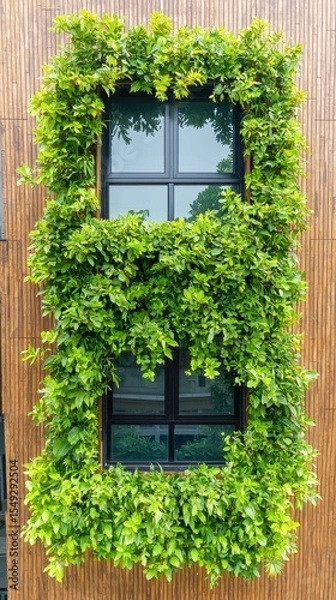 Fototapeta Lush Greenery Frame Around Window on Modern Building Facade