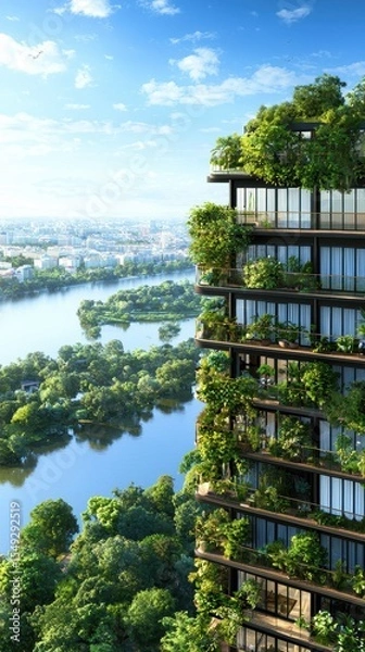 Fototapeta Modern Green Building with Nature Elements Overlooking Urban River
